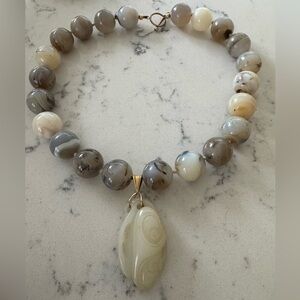Beautiful Marble beaded Necklace with carved Jade piece  19” w/clip earrings!